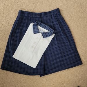 Izod Cub women's golf shirt (M) & shorts (8) dark/light blue plaid. Cream shirt.